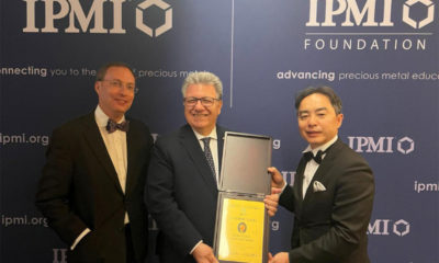 CIBJO President Gaetano Cavalieri (centre), receiving the 2023 IPMI Jun-ichiro Tanaka Distinguished Achievement Award, from Koichiro Tanaka, CEO of the Tanaka Group, during the 47th Conference of the International Precious Metals Institute (IPMI) in Scottsdale, Arizona, USA. They are joined on the podium by Jonathan Jodry, Business Development Director at Metalor Technologies SA. Dr. Jodry is also the Chair of the ISO Technical Committee 174 (ISO/TC 174) at the International Organization for Standardization, covering the fields of jewellery, diamonds, gemstones and precious metals.